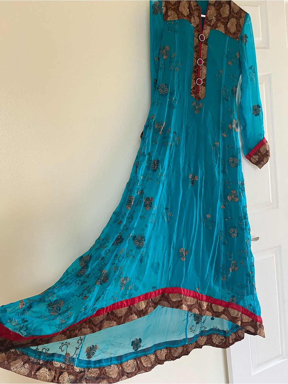 Turquoise Embroidered Anarkali Dress with Gold Accents